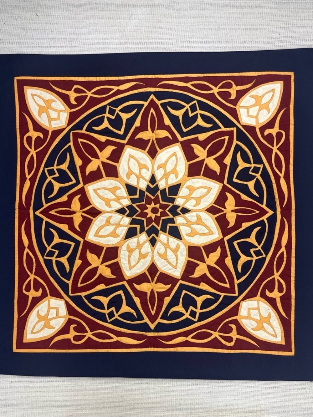 Decorative Geometric Wall Tapestry – Navy, Burgundy & Gold from Egypt 33x33”